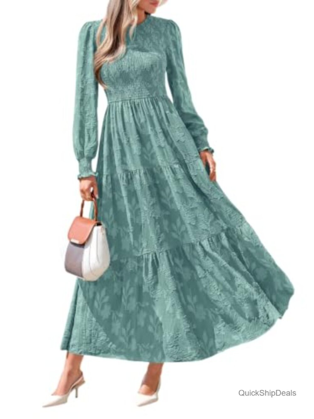Womens Floral Midi Dress Long Sleeve Crew Neck A-Line Formal Wedding Guest